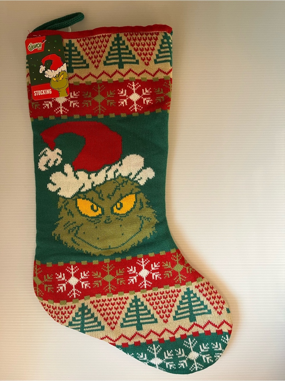 Grinch Knit Christmas Tree Snow Flake Holiday Stocking - Green & Red